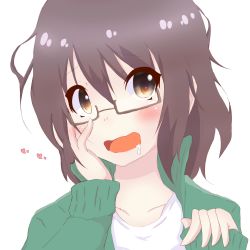 Rule 34 | 1girl, absurdres, blush, brown eyes, brown hair, gender request, genderswap, glasses, hand on own face, heart, heart-shaped pupils, highres, original, saliva, shirt, short hair, simple background, sleeves past wrists, solo, sweater, symbol-shaped pupils, t-shirt, yasai yuuki