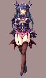Rule 34 | 1girl, black hair, blush, breasts, brown background, cleavage, cleft of venus, collar, corruption, dark persona, full body, garter straps, gloves, highres, large breasts, long hair, magical girl, original, pubic tattoo, red eyes, simple background, solo, tattoo, thighhighs, thong, torisan, twintails