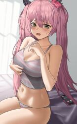 Rule 34 | :o, bed, blush, breasts, camisole, cellphone, cleavage, flower, goddess of victory: nikke, green eyes, hair flower, hair ornament, highres, large breasts, legwear garter, long hair, mitsu ni, navel, open mouth, panties, phone, pink hair, pink nails, quiry (nikke), sitting, smartphone, striped clothes, striped panties, sweatdrop, tearing up, twintails, underwear