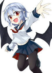 Rule 34 | 1girl, :d, akisome hatsuka, alternate costume, black pantyhose, blue hair, commentary request, fang, long sleeves, looking at viewer, neckerchief, open mouth, outstretched arm, outstretched hand, pantyhose, pleated skirt, pointy ears, red eyes, remilia scarlet, sailor collar, school uniform, serafuku, short hair, simple background, skirt, smile, solo, touhou, white background