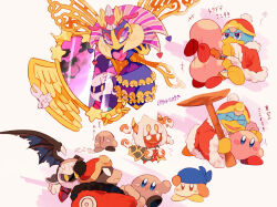 Rule 34 | +++, ^ ^, antennae, arm up, armor, armored boots, artist name, bandana, bandana waddle dee, black wings, blue bandana, blue eyes, blunt bangs, blush, blush stickers, boots, brown eyes, cloak, closed eyes, commentary request, cracked mask, crown, dark meta knight, dimension mirror, flying sweatdrops, frown, fur-trimmed jacket, fur trim, gloves, glowing, glowing eyes, green cloak, hammer, hand on own head, hand up, hat, heart, highres, holding, holding hammer, holding hands, horns, hug, jacket, jitome, jumping, king dedede, kirby, kirby: triple deluxe, kirby (series), long sleeves, looking at another, looking at viewer, mask, mirror, motion lines, nintendo, open clothes, open jacket, open mouth, orange horns, pauldrons, pink background, pink eyes, pom pom (clothes), purple eyes, queen sectonia, rayman limbs, red footwear, red headwear, red jacket, red scarf, scarf, shadow dedede, shadow kirby, short hair, shoulder armor, simple background, smile, spiked wings, spikes, star (symbol), taranza, tokuura, torn wings, translation request, twitter username, v-shaped eyebrows, waving, white background, white eyes, white gloves, white hair, wings, yellow eyes