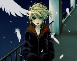 Rule 34 | 1boy, alternate costume, blonde hair, falling feathers, feathers, kagamine len, naoto (sandersoniahirahira), night, piapro, short hair, solo, star (sky), vocaloid