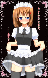 Rule 34 | 00s, alternate costume, apron, blue eyes, blush, brown hair, bug, butterfly, clothes lift, dress, dress lift, enmaided, flower, hair ornament, highres, insect, lask, lyrical nanoha, mahou shoujo lyrical nanoha, mahou shoujo lyrical nanoha strikers, maid, maid apron, maid headdress, solo, thighhighs, translation request, yagami hayate