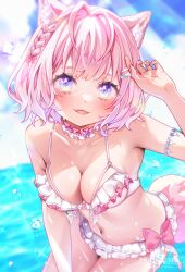 Rule 34 | 1girl, absurdres, animal ear fluff, animal ears, arm garter, bare shoulders, bikini, blue sky, blush, braid, breasts, choker, cleavage, commentary request, diffraction spikes, fang, french braid, frilled bikini, frilled choker, frills, front-tie bikini top, front-tie top, hair ornament, hairclip, hakui koyori, hakui koyori (summer), highres, hololive, leaning forward, light rays, looking at viewer, medium breasts, multi-strapped bikini top, ocean, official alternate costume, official alternate hair length, official alternate hairstyle, open mouth, pink hair, purple eyes, shikamori kodama, short hair, side braid, sky, smile, solo, summer, sunbeam, sunlight, swimsuit, tail, twisted torso, virtual youtuber, water drop, wavy hair, white bikini, white choker, wolf ears, wolf girl, wolf tail