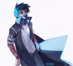 Rule 34 | 1boy, arms at sides, artist name, black coat, black hair, black jacket, black legwear, black pants, blue eyes, boku no hero academia, burn scar, coat, dabi (boku no hero academia), ear piercing, earrings, eyebrows, hair between eyes, highres, jacket, jewelry, long coat, looking to the side, male focus, pale skin, pants, piercing, scar, scar across eye, scar on arm, scar on chest, scar on face, scar on neck, shirt, short hair, short sleeves, solo, solo focus, standing, stitched face, stitched mouth, stitches, twitter username, viria13, watermark, white background, white shirt