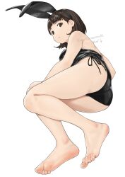 Rule 34 | 1girl, absurdres, animal ears, armpit crease, ass, bare legs, bare shoulders, barefoot, black hairband, black leotard, blunt bangs, breasts, brown eyes, brown hair, closed mouth, fake animal ears, feet, foreshortening, from behind, full body, hairband, highres, knees together feet apart, legs, leotard, looking at viewer, lying, mbr90munouk, medium breasts, medium hair, on side, original, playboy bunny, signature, simple background, soles, solo, strapless, strapless leotard, thighs, toenails, toes, twitter username, white background