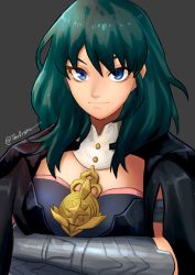 Rule 34 | 1girl, absurdres, bad id, bad tumblr id, black background, blue eyes, blue hair, brooch, byleth (female) (fire emblem), byleth (fire emblem), coat, collar, crossed arms, eyelashes, fingerless gloves, fire emblem, fire emblem: three houses, gloves, highres, jewelry, looking at viewer, nintendo, rv (gvdn7245), simple background, smile, solo, white collar