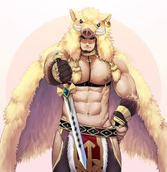 Rule 34 | 1boy, abs, animal hood, bara, bare pectorals, beard, belt, biceps, boar hood, body fur, cape, chest harness, collar, facial hair, fang, gloves, gullinbursti (housamo), hand on own hip, harness, hat, highres, holding, holding weapon, hood, large pectorals, long sideburns, looking at viewer, male focus, muscular, nipples, pectorals, sideburns, simple background, solo, sword, thick eyebrows, thighs, tokyo houkago summoners, weapon, winemvee