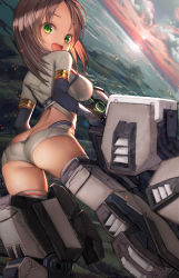 Rule 34 | 1girl, absurdres, alice gear aegis, ass, black gloves, breasts, brown hair, butt crack, cloud, commentary request, dark-skinned female, dark skin, from behind, gloves, green eyes, highres, kaneshiya sitara, large breasts, long hair, looking at viewer, nyatabe, open mouth, outdoors, short shorts, shorts, solo, thighhighs
