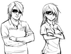 Rule 34 | 1boy, 1girl, breasts, cleavage, crossed arms, facial hair, ge-b, gender request, genderswap, greyscale, kubo taito (person), kubo tite, long hair, medium breasts, monochrome, non-web source, polo shirt, real life, real life insert, stubble, sunglasses, watch