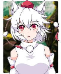 Rule 34 | 1girl, animal ears, blurry, blurry background, breasts, commentary, detached sleeves, hat, highres, inubashiri momiji, large breasts, medium hair, neferkitty, pom pom (clothes), red eyes, ribbon-trimmed sleeves, ribbon trim, sleeveless, sleeveless turtleneck, solo, tokin hat, touhou, turtleneck, upper body, white hair, wolf ears, wolf girl