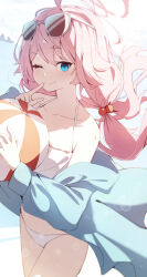 Rule 34 | 1girl, absurdres, ball, bare shoulders, beachball, bikini, blue archive, blue eyes, blue jacket, blush, closed mouth, collarbone, commentary, eyewear on head, finger to mouth, hair bobbles, hair ornament, halo, highres, holding, holding ball, hoshino (blue archive), hoshino (swimsuit) (blue archive), jacket, liyom, long hair, looking at viewer, off shoulder, official alternate costume, one eye closed, open clothes, open jacket, outdoors, pink hair, smile, solo, swimsuit, white bikini