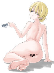 Rule 34 | 1girl, arm support, ass, back, blonde hair, blue eyes, braid, censored, cup, darjeeling (girls und panzer), from behind, girls und panzer, highres, holding, holding cup, looking at viewer, looking back, nude, pussy, short hair, solo, tarou.new, teacup