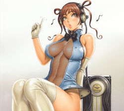 Rule 34 | 1girl, absurdres, amplifier, arm behind back, asymmetrical clothes, bare shoulders, blue leotard, blush, bow, bowtie, breasts, breasts apart, brown eyes, brown hair, buttons, cable, cleavage, covered erect nipples, covered navel, curly hair, elbow gloves, fishnet top, fishnets, gloves, gradient background, hair rings, halterneck, headphones, highres, index finger raised, large breasts, legs together, leotard, lips, listening to music, looking up, motion lines, musical note, original, parted lips, quaver, scan, see-through, see-through leotard, short hair, short twintails, sideboob, sitting, solo, sound pretty (tsukasa jun), thighhighs, tsukasa jun, turtleneck, twintails, white gloves, white thighhighs