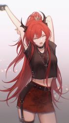 Rule 34 | 1girl, arknights, arm behind head, arm up, belt, black belt, black collar, black shirt, breasts, closed eyes, collar, collarbone, commentary, cowboy shot, cross, cross necklace, crown, demon horns, gradient background, highres, horns, jewelry, kiyona 47yuyoo, long hair, medium breasts, midriff, mini crown, necklace, official alternate costume, open mouth, ponytail, red hair, red skirt, shirt, single thighhigh, skirt, solo, surtr (arknights), surtr (liberte echec) (arknights), symbol-only commentary, tattoo, thighhighs, very long hair, yawning