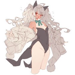 Rule 34 | 1girl, :d, ahoge, animal ears, black leotard, bow, bowtie, breasts, cat ears, commentary, cropped legs, detached collar, dorainatto, flustered, flying sweatdrops, green bow, green bowtie, grey hair, grey jacket, highres, jacket, leotard, long hair, off shoulder, open mouth, original, red eyes, sidelocks, simple background, sketch, small breasts, smile, solo, tan, tanline, unfinished, white background