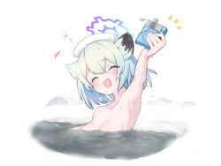 Rule 34 | 1girl, animal ears, azu ankoowl, blue archive, breasts, closed eyes, flask, green hair, halo, medium breasts, nude, onsen, partially submerged, shigure (blue archive), smile, snow, solo, towel, towel on head, upper body, wet, white background
