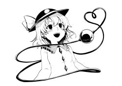Rule 34 | 1girl, :d, blush, bow, commentary request, empty eyes, greyscale, hat, hat bow, heart, heart of string, highres, himajin noizu, komeiji koishi, monochrome, open mouth, short hair, simple background, smile, solo, third eye, touhou, upper body, white background