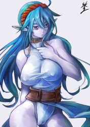 Rule 34 | 00s, 1girl, arm behind back, blue hair, breasts, celsius, celsius (tales), colored skin, covered erect nipples, hairband, hand on own chest, huge breasts, leotard, long hair, navel, pointy ears, purple eyes, purple skin, signature, solo, sowel (sk3), tales of (series), tales of eternia