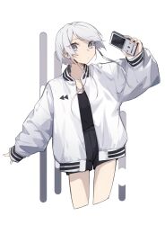 Rule 34 | 1girl, airpods, arm up, black shirt, black shorts, cellphone, cowboy shot, cropped legs, ear piercing, grey eyes, high-waist shorts, highres, holding, holding phone, jacket, jewelry, kamatpit, long sleeves, looking at viewer, necklace, original, outstretched arm, oversized clothes, phone, piercing, rewind button, shirt, short shorts, shorts, sidelocks, smartphone, white background, white hair, white jacket, wide-eyed, wide sleeves, wireless earphones