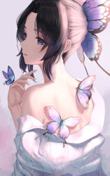 Rule 34 | 1girl, absurdres, artist name, back, black hair, bug, butterfly, butterfly hair ornament, butterfly on hand, commentary, from behind, hair ornament, hand up, haori, highres, insect, japanese clothes, kimetsu no yaiba, kochou shinobu, looking to the side, medium hair, off shoulder, purple butterfly, purple eyes, revision, sidelocks, signature, single bare shoulder, solo, tooku0, upper body