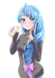Rule 34 | 1girl, absurdres, ahoge, alternate costume, alternate hairstyle, aqua eyes, aqua hair, baby bottle, bottle, bow, braid, casual, commentary request, cure sky, eyelashes, gradient hair, hair bow, happy, highres, hirogaru sky! precure, light blush, long hair, looking at viewer, magical girl, multicolored hair, pink bow, pink hair, precure, s-operator, simple background, single braid, smile, solo, sora harewataru, standing, streaked hair, sweater, turtleneck, turtleneck sweater, two-tone hair, very long hair, white background