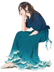 Rule 34 | 1girl, aqua dress, aqua eyes, between legs, blue dress, blue eyes, blush, brown hair, commentary request, dress, eyelashes, from side, full body, gradient dress, hand between legs, head rest, invisible chair, leaning forward, long dress, long hair, looking to the side, mattaku mousuke, original, parted bangs, parted lips, puffy short sleeves, puffy sleeves, shadow, short sleeves, sidelocks, sitting, solo, twitter username, white footwear