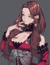 Rule 34 | 1girl, breasts, brown hair, cleavage, commission, dorothea arnault, dress, earrings, fire emblem, fire emblem: three houses, green eyes, grey background, jewelry, large breasts, long hair, long sleeves, maplekeurig, nintendo, parted lips, simple background, solo, upper body