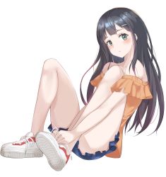 Rule 34 | 1girl, absurdres, bare shoulders, black hair, blouse, blunt bangs, blush, closed mouth, clothing request, commentary request, copyright request, full body, green eyes, hair ornament, hairclip, highres, long hair, off-shoulder shirt, off shoulder, orange shirt, shiroyu, shirt, shoes, short shorts, shorts, simple background, sitting, sneakers, solo, white background, white footwear