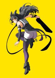 Rule 34 | 1girl, armpit crease, artist logo, ass, ass focus, automatic giraffe, black bow, black fur, black hair, black sleeves, blake belladonna, boots, bow, closed mouth, commentary, english commentary, floating hair, from behind, full body, gambol shroud, hair bow, highres, long hair, looking back, pantyhose, purple pantyhose, rwby, short shorts, shorts, simple background, single sleeve, solo, very long hair, white shorts, yellow background, yellow eyes