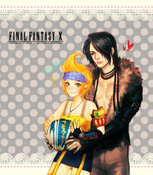Rule 34 | 00s, 1boy, 1girl, ^^^, armband, ball, bare shoulders, belt, black hair, black nails, blonde hair, blush, braid, breasts, coat, copyright name, couple, earrings, embarrassed, final fantasy, final fantasy x, fingerless gloves, fur coat, fur trim, garter straps, genderswap, genderswap (ftm), genderswap (mtf), gloves, green eyes, green nails, hair over one eye, hairband, headband, heart, height difference, hetero, holding, hug, j (onose1213), jewelry, lips, long hair, looking at another, looking at viewer, lulu (ff10), miniskirt, mole, mole under mouth, multiple braids, muscular, nail polish, necklace, open mouth, orange hair, pants, polka dot, polka dot background, red eyes, short hair, skirt, small breasts, smile, standing, surprised, thighhighs, translated, wakka