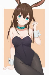 Rule 34 | 1girl, amiya (arknights), animal ears, arknights, black leotard, black pantyhose, blue collar, blue eyes, border, breasts, brown background, cleavage, collar, covered navel, cowboy shot, frown, groin, hair between eyes, hand in own hair, hand up, jewelry, leotard, looking at viewer, medium breasts, neck ring, outside border, pantyhose, playboy bunny, rabbit ears, rabbit girl, simple background, skh, solo, strapless, strapless leotard, thighs, white border, white wrist cuffs, wrist cuffs
