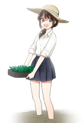 Rule 34 | 1girl, blue skirt, brown eyes, brown hair, buttons, collared shirt, eyebrows, hair over shoulder, hat, holding, ica, long hair, looking at viewer, open mouth, original, plant, pleated skirt, ponytail, shirt, simple background, skirt, sleeves rolled up, smile, solo, standing, sun hat, sweat, wading, white background, white shirt