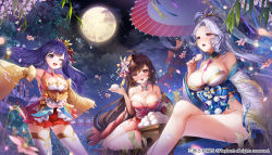 Rule 34 | 3girls, :d, apple caramel, architecture, baozi, blue eyes, blue hair, blurry, blurry foreground, blush, breasts, brown hair, cleavage, cloud, company name, dress, east asian architecture, eating, flower, food, full moon, grey hair, hair flower, hair ornament, highres, large breasts, crossed legs, looking at viewer, moon, multiple girls, night, night sky, official art, oil-paper umbrella, one eye closed, open mouth, original, purple eyes, red skirt, sitting, skirt, sky, smile, standing, thighhighs, tsukimi, umbrella, watermark, wide sleeves