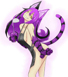 Rule 34 | 1girl, animal ears, animal hands, apron, ass, black hair, blush, breasts, cheshire cat (alice in wonderland), cheshire cat (monster girl encyclopedia), claws, fur, head tilt, highres, ladle, long hair, monster girl, monster girl encyclopedia, monster girl encyclopedia ii, multicolored hair, naked apron, nude, p01ntless, purple hair, smile, tail, yellow eyes