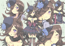Rule 34 | 1girl, animal ears, back bow, black bow, blue dress, blue flower, blue headwear, blue rose, blush, bow, brown hair, brown thighhighs, closed eyes, closed mouth, commentary, dagger, dress, expressions, flower, frown, fur collar, hair over one eye, hat, hat flower, homing (areya), horse ears, horse girl, horse tail, knife, large bow, long hair, long sleeves, looking at viewer, multiple views, off-shoulder dress, off shoulder, open mouth, purple eyes, purple sailor collar, purple shirt, rice shower (umamusume), rose, sailor collar, scabbard, school uniform, serafuku, sheath, sheathed, shirt, short dress, smile, standing, tail, tearing up, thighhighs, tilted headwear, tracen school uniform, translated, umamusume, weapon