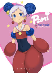 Rule 34 | 1girl, 2019 southeast asian games, ahoge, artist name, baggy pants, blue eyes, blue hair, covered navel, detached sleeves, double bun, earrings, flat chest, hair bun, highres, jewelry, keiryuu seo, mascot, medal, multicolored hair, pami (mascot), pants, personification, philippines, southeast asian games, two-tone hair, white hair