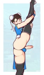 Rule 34 | 1boy, artist name, ass, black thighhighs, bun cover, capcom, chinese clothes, chun-li, crossdressing, double bun, dross, earrings, from side, futanari, hair bun, jewelry, leg hold, leg up, looking at viewer, penis, solo, standing, standing on one leg, street fighter, thighhighs, trap, uncensored