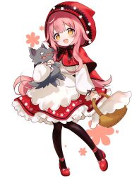 Rule 34 | 1girl, :d, ankle garter, artist request, basket, black bow, black bowtie, black pantyhose, blush, bow, bowtie, carrying, center frills, dress, floral print, flower, footwear bow, frilled dress, frills, full body, hair flaps, holding, holding basket, hood, hood up, indie virtual youtuber, layered dress, long hair, long sleeves, looking at viewer, merun morino, mixed-language commentary, mole, mole under eye, open mouth, pantyhose, pink hair, puffy long sleeves, puffy sleeves, raised eyebrows, red footwear, red hood, red skirt, ribbon, second-party source, shoes, skirt, smile, solo, spanish commentary, standing, standing on one leg, virtual youtuber, white background, white dress, wolf, wrist ribbon, yellow eyes