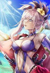 Rule 34 | 1girl, absurdres, akaisu, asymmetrical hair, autumn leaves, blue eyes, breasts, cleavage, earrings, fate/grand order, fate (series), hair between eyes, hair ornament, highres, jewelry, katana, large breasts, magatama, miyamoto musashi (fate), pink hair, ponytail, sheath, sheathed, solo, sparkle, standing, stomach, sword, weapon