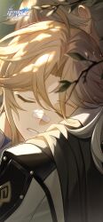 Rule 34 | 2boys, ahoge, artist request, bandages, blonde hair, branch, chinese commentary, close-up, closed mouth, highres, honkai: star rail, honkai (series), jing yuan, logo, male focus, medium hair, multiple boys, official art, official wallpaper, parted bangs, parted lips, sleeping, upper body, yanqing (honkai: star rail)