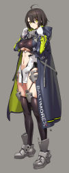 Rule 34 | 1girl, ahoge, armored boots, azur lane, baltimore (azur lane), black hair, black leotard, black thighhighs, blue coat, blush, boots, braid, breasts, character name, clothing cutout, coat, collar, dated, english text, full body, gloves, grey background, highres, hood, hood down, hooded coat, large breasts, leotard, long sleeves, looking at viewer, metal collar, multicolored coat, navel, open clothes, open coat, pelvic curtain, short hair, side braid, simple background, solo, standing, stomach cutout, thighhighs, two-tone leotard, underboob, white gloves, white leotard, yd (orange maru), yellow eyes