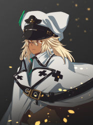 Rule 34 | 1girl, bad id, bad pixiv id, blurry, blurry background, breasts, buckle, coat, execneet, guilty gear, hair between eyes, hat, high collar, highres, looking at viewer, medium breasts, midriff, military hat, parted lips, ramlethal valentine, sidelocks, simple background, solo, tan, upper body, white coat