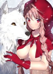 Rule 34 | 1girl, blush, braid, breasts, covered erect nipples, gloves, hood, large breasts, long hair, looking at viewer, mataro (matarou), naked hood, original, parted lips, pink hair, red eyes, red gloves, solo, twin braids, wolf