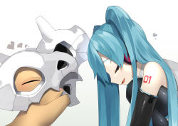Rule 34 | 1girl, bare shoulders, black gloves, closed eyes, commentary, creatures (company), crossover, cubone, elbow gloves, eyelashes, from side, game freak, gen 1 pokemon, gloves, grey shirt, hatsune miku, heart, highres, holding, long hair, nintendo, number tattoo, open mouth, pokemon, pokemon (creature), reirou (chokoonnpu), shirt, skull, smile, symbol-only commentary, tattoo, tongue, vocaloid