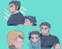 Rule 34 | 3boys, ?, aqua background, awestruck, beard stubble, black hair, confused, constricted pupils, dokusuji (kw9onou58), expressionless, facial hair, huge eyebrows, lifting person, looking at another, love triangle, lucas lee, male focus, multiple boys, multiple views, pectorals, profile, scott pilgrim (series), scott pilgrim takes off, shirt, short hair, short sleeves, smile, sparkle, sparkling aura, staring, stubble, t-shirt, todd ingram, toned, toned male, unkempt, wallace wells, yaoi