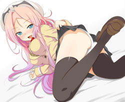 Rule 34 | 1girl, aqua eyes, ass, blush, breasts, clothes lift, clothes pull, dra+koi, fang, heroine (dra+koi), large breasts, legs, long hair, lying, naughty face, on side, panties, pink hair, school uniform, skirt, skirt lift, skirt pull, slit pupils, solo, thighhighs, thighs, underwear, violetshit