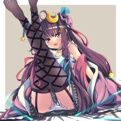 Rule 34 | 1girl, :d, absurdres, ahoge, black thighhighs, blush, crescent, crescent hair ornament, fang, garter straps, grey background, hair ornament, highres, legs up, long hair, looking at viewer, no headwear, no headwear, open mouth, panties, patchouli knowledge, purple hair, ribbon, sitting, skin fang, smile, solo, star (symbol), thighhighs, touhou, underwear, very long hair, white panties, woruta (soloistlist)