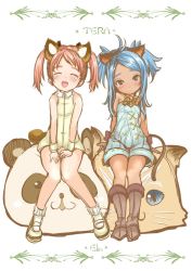 Rule 34 | 2girls, animal ears, blue eyes, blue hair, blush, boots, cat, cat ears, cat tail, dark skin, dark-skinned female, dog ears, dog tail, dress, elin, closed eyes, gloves, green dress, knee boots, knees together feet apart, leaning back, long hair, mary janes, mojarin (kihara mojarin), multiple girls, open mouth, overalls, panda, panda ears, pink hair, shoes, short dress, shorts, sitting, sleeveless, sleeveless dress, smile, socks, tail, tera online, twintails, wristband