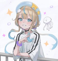 Rule 34 | 1girl, absurdres, black choker, blue eyes, blue hair, blush, bracelet, brown hair, character name, choker, clenched teeth, colored tips, commentary, floating hair, highres, jelee-chan, jellyfish, jellyfish hair ornament, jewelry, leaning, long hair, looking at viewer, low twintails, multicolored hair, railing, shirt, solo, streaked hair, teeth, twintails, uito yzwa, upper body, white background, white beret, white shirt, yoru no kurage wa oyogenai